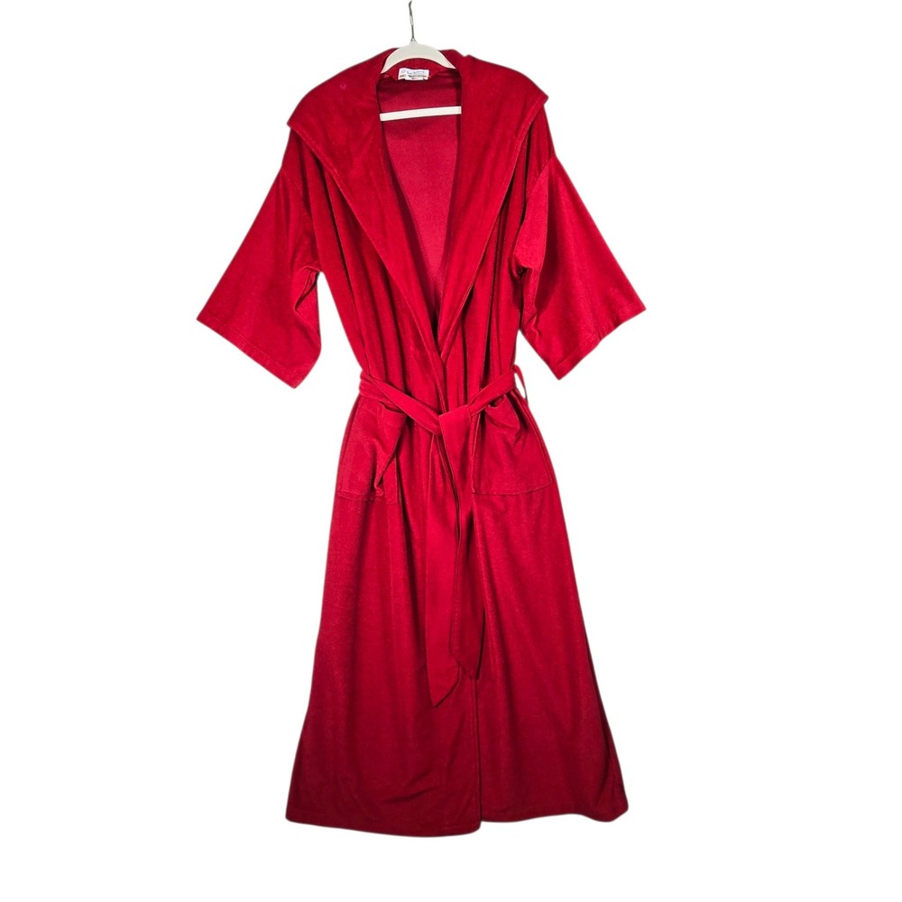 Sea Island Treasurobe Hooded Velour Cabana Robe O/S Red Arnel VTG 70s USA Made